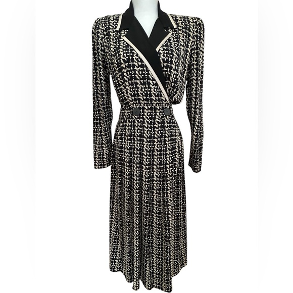 Vintage 80s Cynthia Howie Black White Midi Power Shoulder Dress Size:6 - Picture 13 of 13